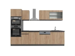 Best Vicco R-Line Küchenzeile Goldkraft Eiche/Anthrazit 300 cm J-Shapemit Hochschrankohne Arbeitsplatte ohne E-Geräte Anthrazit-Eiche