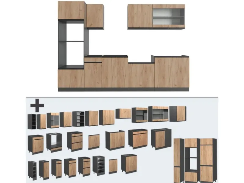 Best Vicco R-Line Küchenzeile Goldkraft Eiche/Anthrazit 300 cm J-Shapemit Hochschrankohne Arbeitsplatte ohne E-Geräte Anthrazit-Eiche
