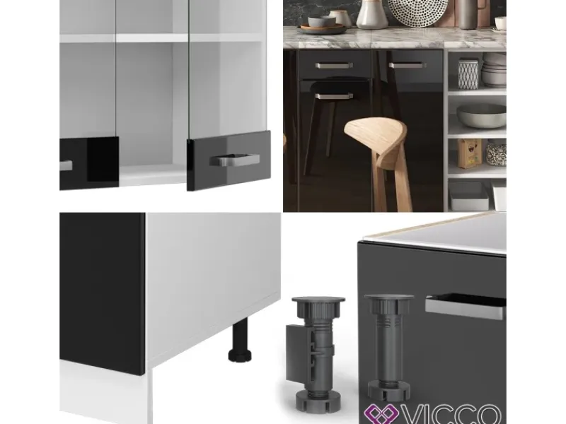 Clearance Vicco R-Line Küchenzeile /Weiß 240 cm ohne Arbeitsplatte ohne E-Geräte Schwarz Hochglanz