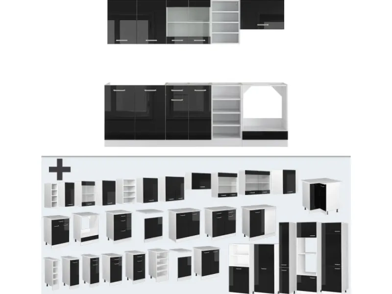 Clearance Vicco R-Line Küchenzeile /Weiß 240 cm ohne Arbeitsplatte ohne E-Geräte Schwarz Hochglanz