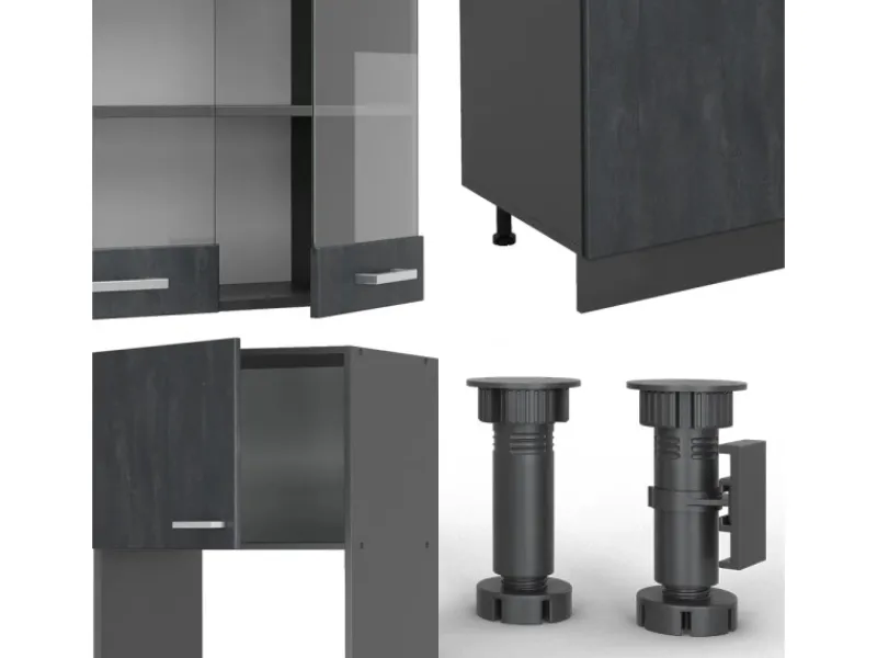 Einbauküchen<Vicco R-Line Küchenzeile Schwarz Beton/Anthrazit 300 cm AP Eiche ohne E-Geräte