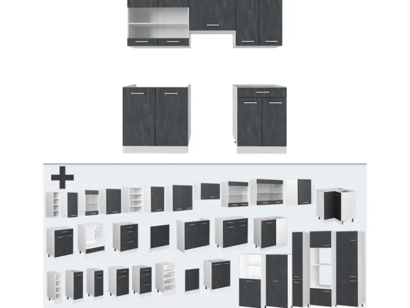 Hot Vicco R-Line Küchenzeile Schwarz Beton/Weiß 200 cm AP Eiche ohne E-Geräte Beton Dunkelgrau