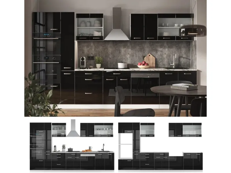 Discount Vicco R-Line Küchenzeile /Weiß 350 cm mit HochschrankAP Eiche ohne E-Geräte Schwarz Hochglanz