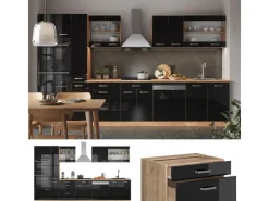 Kochfelder|Kühlschränke<Vicco R-Line Küchenzeile Schwarz-Eiche Hochglanz/Goldkraft Eiche 350 cm mit HochschrankAP Marmor ohne E-Geräte