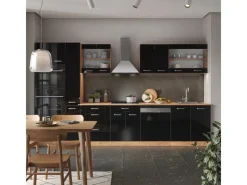 Kochfelder|Kühlschränke<Vicco R-Line Küchenzeile Schwarz-Eiche Hochglanz/Goldkraft Eiche 350 cm mit HochschrankAP Marmor ohne E-Geräte