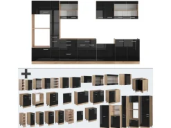 Kochfelder|Kühlschränke<Vicco R-Line Küchenzeile Schwarz-Eiche Hochglanz/Goldkraft Eiche 350 cm mit HochschrankAP Marmor ohne E-Geräte