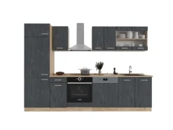 Einbauküchen<Vicco R-Line Küchenzeile Schwarz Beton/Goldkraft Eiche 300 cm AP Eiche ohne E-Geräte