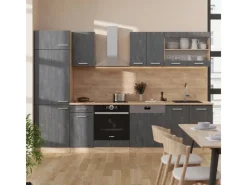 Einbauküchen<Vicco R-Line Küchenzeile Schwarz Beton/Goldkraft Eiche 300 cm AP Eiche ohne E-Geräte