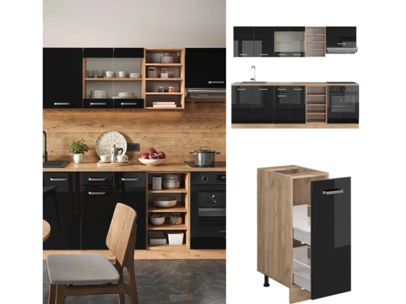 Vicco R-Line Küchenzeile /Goldkraft Eiche 240 cm ohne Arbeitsplatte ohne E-Geräte< Kochfelder|Küchenrückwände