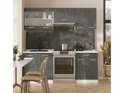 Vicco R-Line Küchenzeile Schwarz Beton/Weiß 200 cm AP Marmor ohne E-Geräte< Einbauküchen