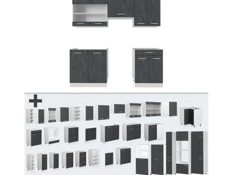 Vicco R-Line Küchenzeile Schwarz Beton/Weiß 200 cm AP Marmor ohne E-Geräte< Einbauküchen