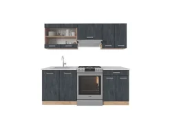 Vicco R-Line Küchenzeile Schwarz Beton/Goldkraft Eiche 200 cm AP Marmor ohne E-Geräte< Einbauküchen