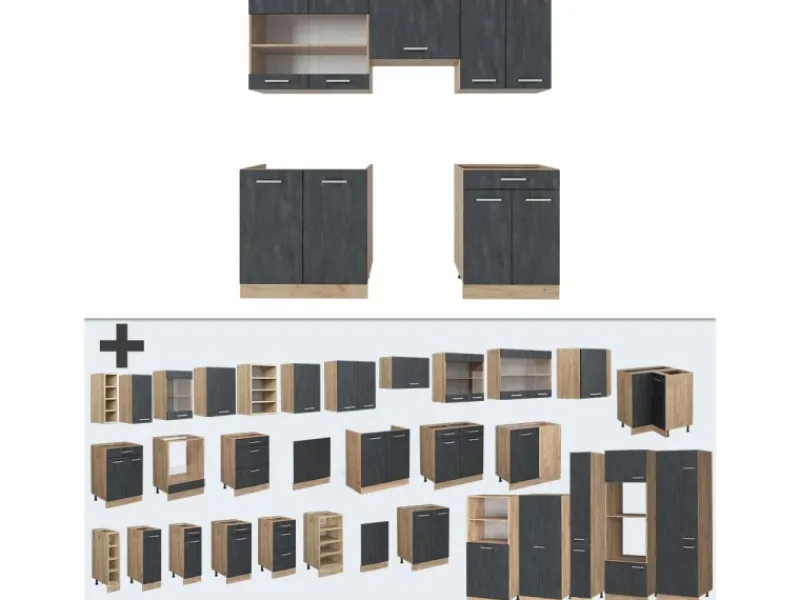 Vicco R-Line Küchenzeile Schwarz Beton/Goldkraft Eiche 200 cm AP Marmor ohne E-Geräte< Einbauküchen
