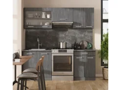 Outlet Vicco R-Line Küchenzeile Schwarz Beton/Anthrazit 200 cm AP Eiche ohne E-Geräte Beton Anthrazit