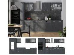 New Vicco R-Line Küchenzeile Schwarz Beton/Anthrazit 350 cm AP Eiche ohne E-Geräte Beton Anthrazit