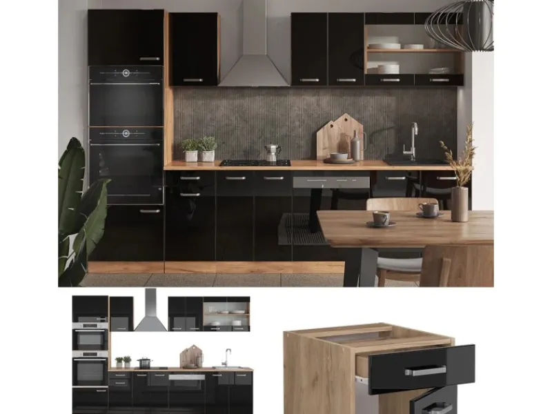 Vicco R-Line Küchenzeile /Goldkraft Eiche 300 cm mit HochschrankAP Anthrazit ohne E-Geräte< Einbauküchen