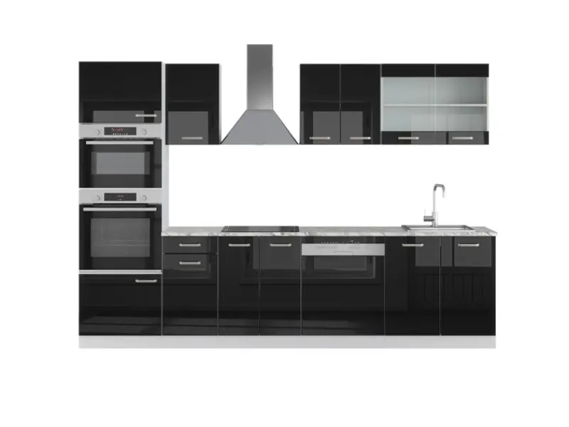 Discount Vicco R-Line Küchenzeile Schwarz Hochglanz 300 cm mit HochschrankAP Marmor ohne E-Geräte Schwarz Glänzend