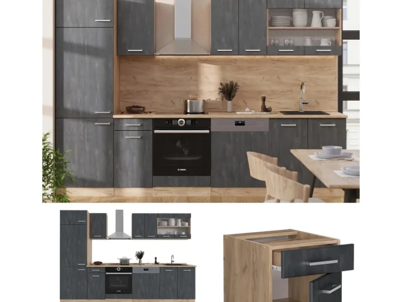Vicco R-Line Küchenzeile Schwarz Beton/Goldkraft Eiche 300 cm AP Anthrazit ohne E-Geräte Beton Dunkelgrau