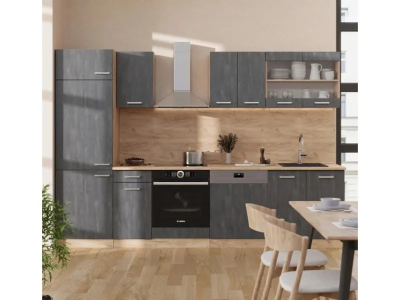 Vicco R-Line Küchenzeile Schwarz Beton/Goldkraft Eiche 300 cm AP Anthrazit ohne E-Geräte Beton Dunkelgrau