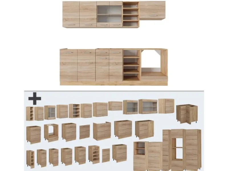 Vicco R-Line Küchenzeile Sonoma/Goldkraft Eiche 240 cm AP Eiche ohne E-Geräte Sonoma Eiche