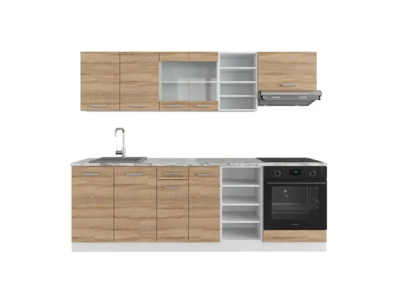 Einbauküchen<Vicco R-Line Küchenzeile Sonoma/Weiß 240 cm AP Marmor ohne E-Geräte
