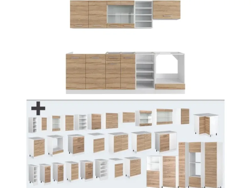 Einbauküchen<Vicco R-Line Küchenzeile Sonoma/Weiß 240 cm AP Marmor ohne E-Geräte