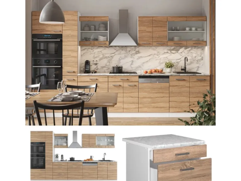 Kühlschränke<Vicco R-Line Küchenzeile Sonoma/Weiß 350 cm mit HochschrankAP Eiche ohne E-Geräte