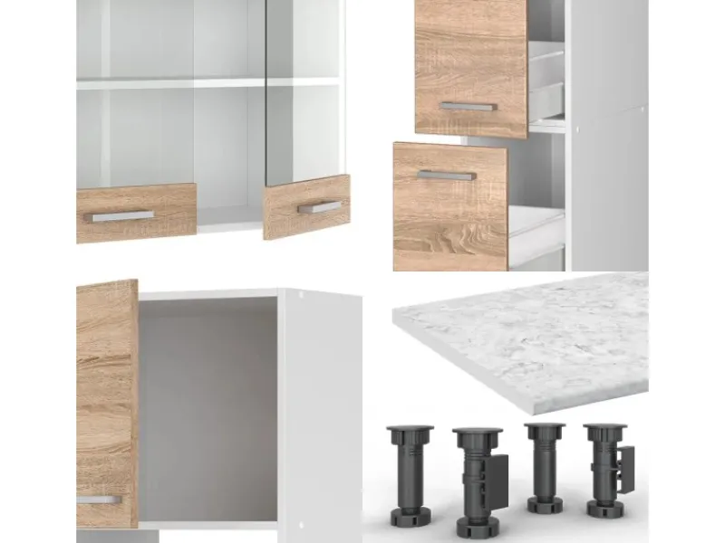 Kühlschränke<Vicco R-Line Küchenzeile Sonoma/Weiß 350 cm mit HochschrankAP Eiche ohne E-Geräte