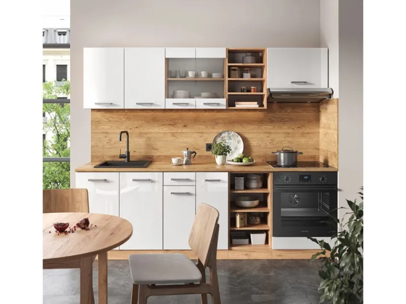 Vicco R-Line Küchenzeile Weiß Hochglanz/Goldkraft Eiche 240 cm ohne Arbeitsplatte ohne E-Geräte< Einbauküchen