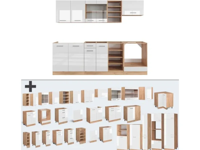 Vicco R-Line Küchenzeile Weiß Hochglanz/Goldkraft Eiche 240 cm ohne Arbeitsplatte ohne E-Geräte< Einbauküchen