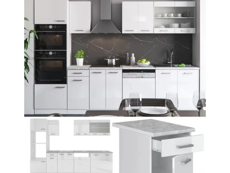 Hot Vicco R-Line Küchenzeile 300 cm mit HochschrankAP Marmor ohne E-Geräte Weiß