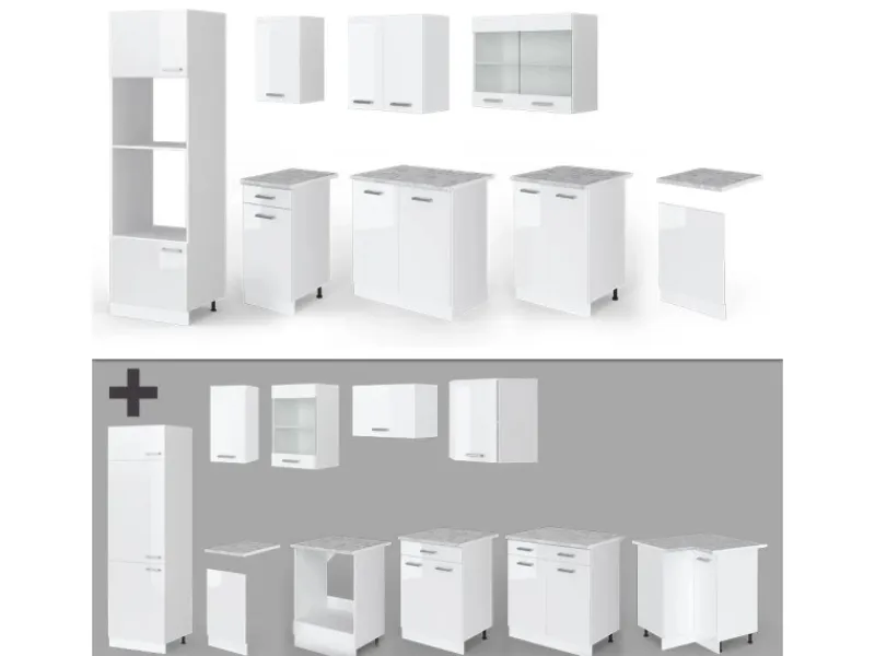Hot Vicco R-Line Küchenzeile 300 cm mit HochschrankAP Marmor ohne E-Geräte Weiß