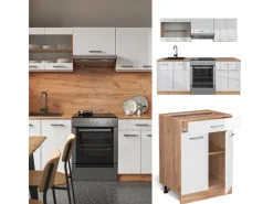 Sale Vicco R-Line Küchenzeile Weiß Hochglanz/Goldkraft Eiche 200 cm ohne Arbeitsplatte ohne E-Geräte Hochglanz Weiß