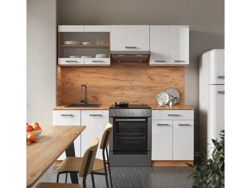 Sale Vicco R-Line Küchenzeile Weiß Hochglanz/Goldkraft Eiche 200 cm ohne Arbeitsplatte ohne E-Geräte Hochglanz Weiß