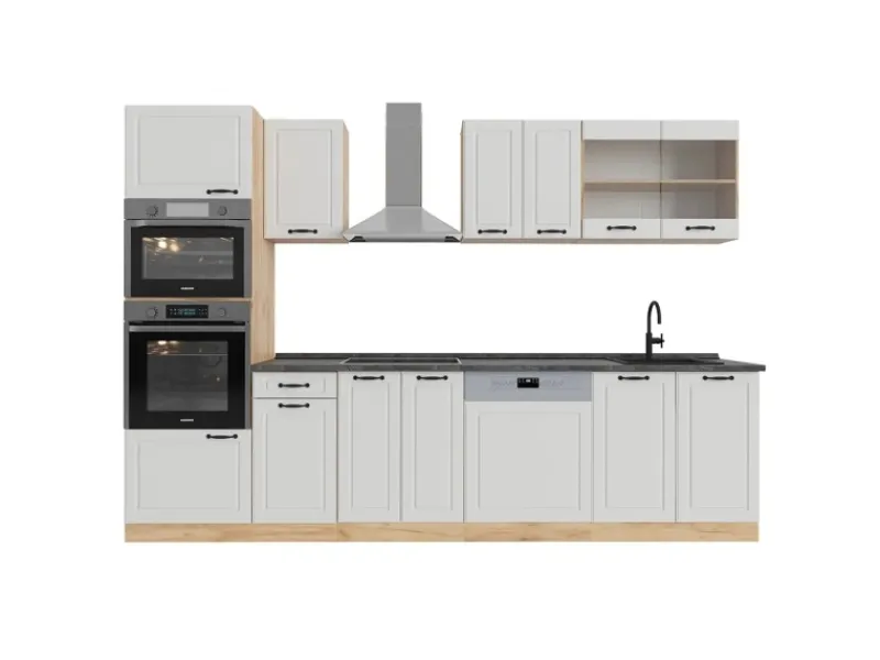 Discount Vicco R-Line Küchenzeile Weiß Landhaus/Goldkraft Eiche 300 cm mit HochschrankAP Anthrazit ohne E-Geräte Weiß Struktur