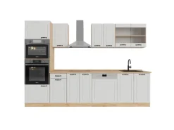 Einbauküchen<Vicco R-Line Küchenzeile Weiß Landhaus/Goldkraft Eiche 300 cm mit HochschrankAP Eiche ohne E-Geräte