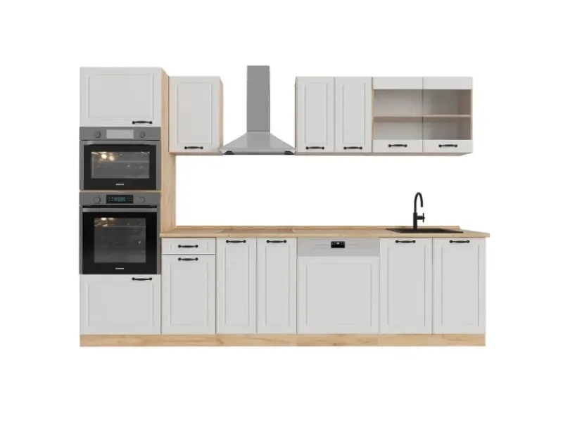 Einbauküchen<Vicco R-Line Küchenzeile Weiß Landhaus/Goldkraft Eiche 300 cm mit HochschrankAP Eiche ohne E-Geräte