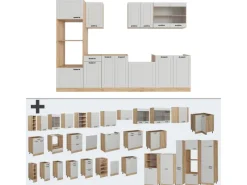 Einbauküchen<Vicco R-Line Küchenzeile Weiß Landhaus/Goldkraft Eiche 300 cm mit HochschrankAP Eiche ohne E-Geräte