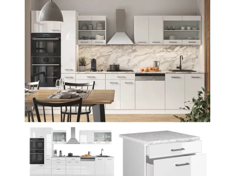 Vicco R-Line Küchenzeile Hochglanz/ 350 cm mit HochschrankAP Eiche ohne E-Geräte< Einbauküchen