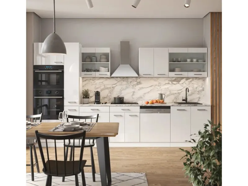 Vicco R-Line Küchenzeile Hochglanz/ 350 cm mit HochschrankAP Eiche ohne E-Geräte< Einbauküchen