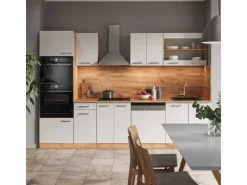 Clearance Vicco R-Line Küchenzeile Weiß Hochglanz/Goldkraft Eiche 300 cm mit HochschrankAP Marmor ohne E-Geräte Hochglanz Weiß