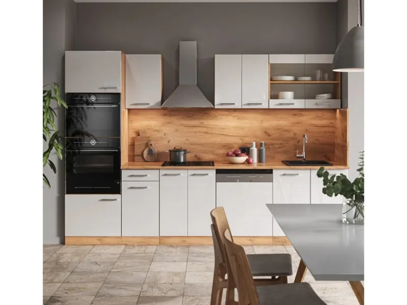 Clearance Vicco R-Line Küchenzeile Weiß Hochglanz/Goldkraft Eiche 300 cm mit HochschrankAP Marmor ohne E-Geräte Hochglanz Weiß