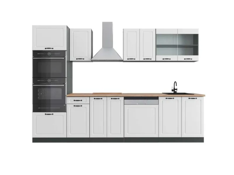 Best Vicco R-Line Küchenzeile Weiß Landhaus/Anthrazit 300 cm mit HochschrankAP Eiche ohne E-Geräte Weiß Strukturiert