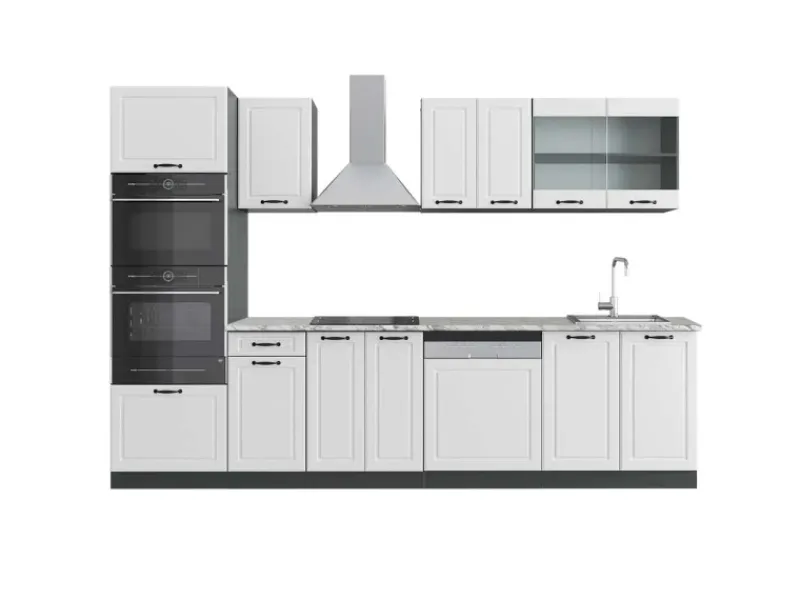 Vicco R-Line Küchenzeile Weiß Landhaus/Anthrazit 300 cm mit HochschrankAP Marmor ohne E-Geräte< Einbauküchen