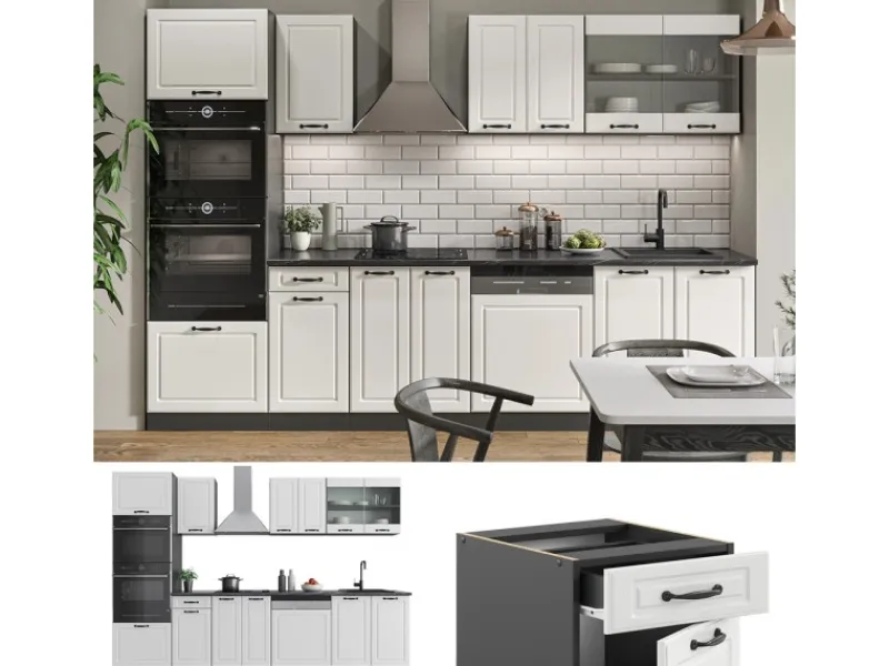 Vicco R-Line Küchenzeile Weiß Landhaus/Anthrazit 300 cm mit HochschrankAP Marmor ohne E-Geräte< Einbauküchen