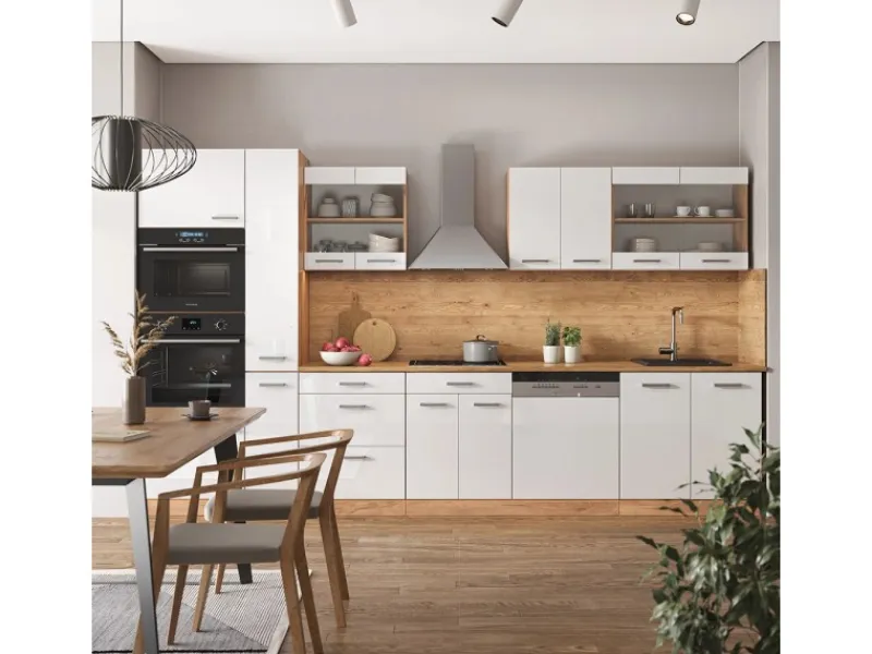 Online Vicco R-Line Küchenzeile Weiß Hochglanz/Goldkraft Eiche 350 cm mit HochschrankAP Eiche ohne E-Geräte Hochglanz Weiß