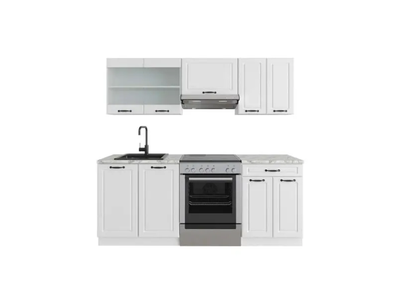 Single-Küchen<Vicco R-Line Küchenzeile Weiß Landhaus/Weiß 200 cm AP Marmor ohne E-Geräte