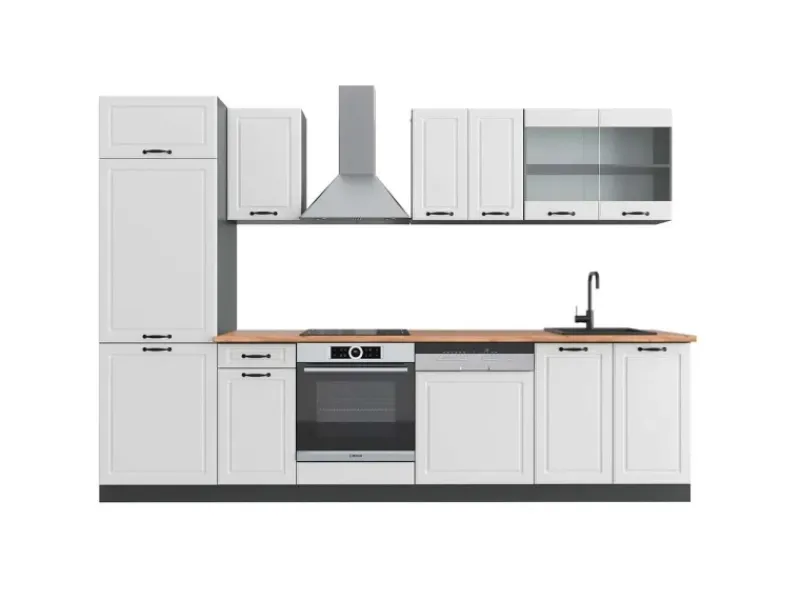 Vicco R-Line Küchenzeile Weiß Landhaus/Anthrazit 300 cm AP Eiche ohne E-Geräte Weiß Strukturiert