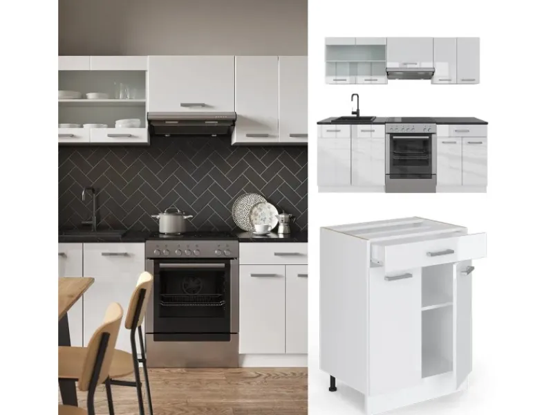 Outlet Vicco R-Line Küchenzeile Hochglanz/ 200 cm ohne Arbeitsplatte ohne E-Geräte Weiß