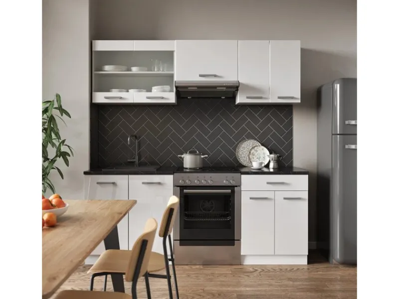 Outlet Vicco R-Line Küchenzeile Hochglanz/ 200 cm ohne Arbeitsplatte ohne E-Geräte Weiß